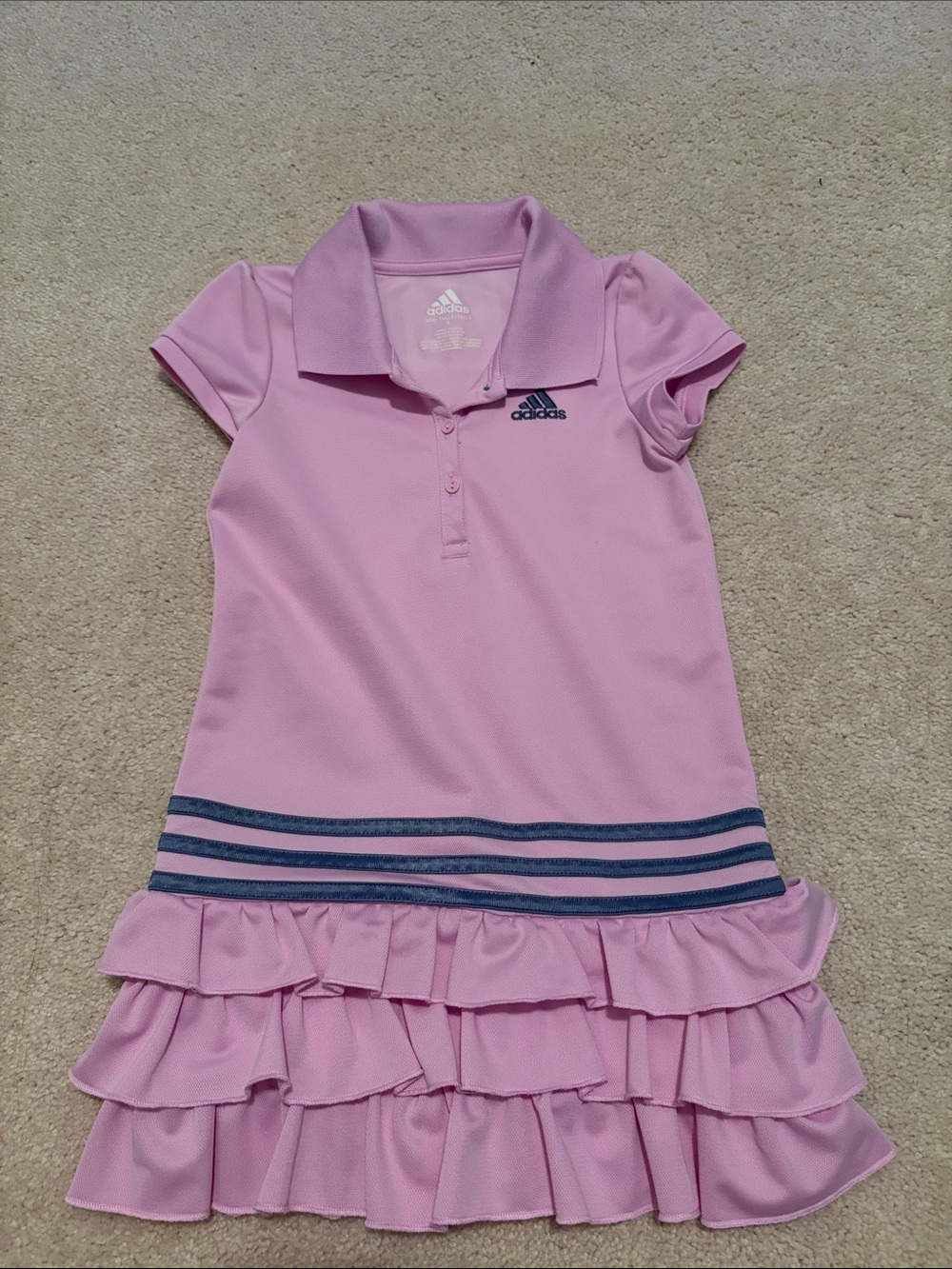 adidas Pink Polo Dress with Navy Stripe and Ruffle Skirt